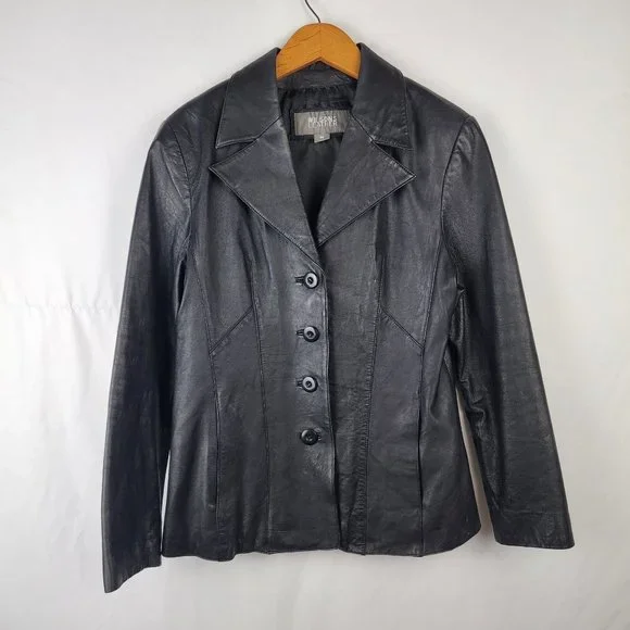 Vintage Wilsons Leather Black Button Up Button Up Jacket Inner Zip Pocket Medium - Picture 1 of 15